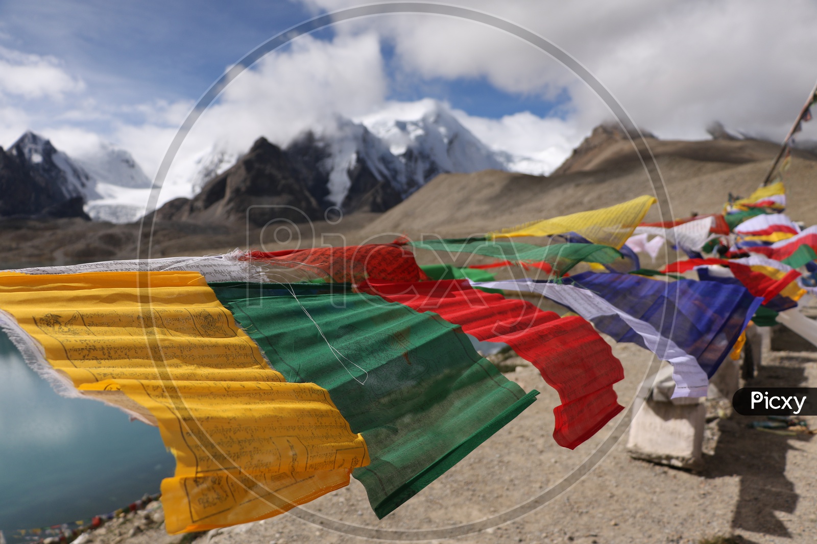 Tibetan prayer flags in the mountains at Sikkim