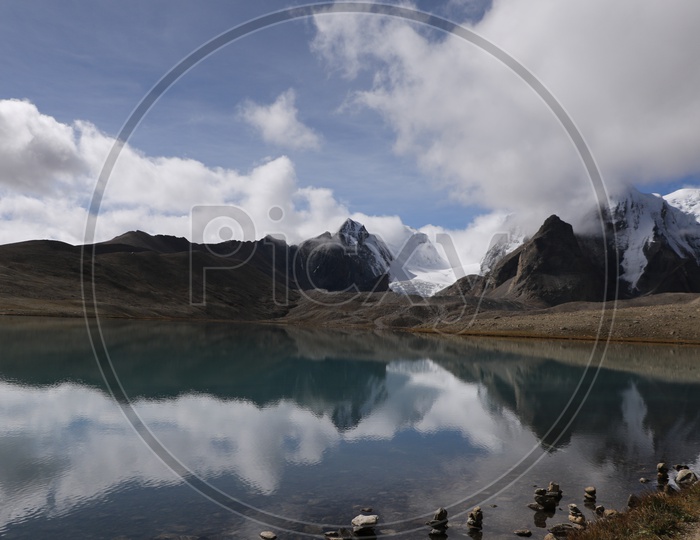 Landscape of beautiful Mountains of Sikkim with lake in the foreground