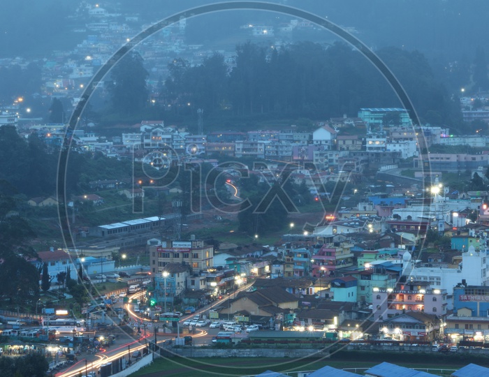 Aerial View of ooty City Scape in night from a hill Top