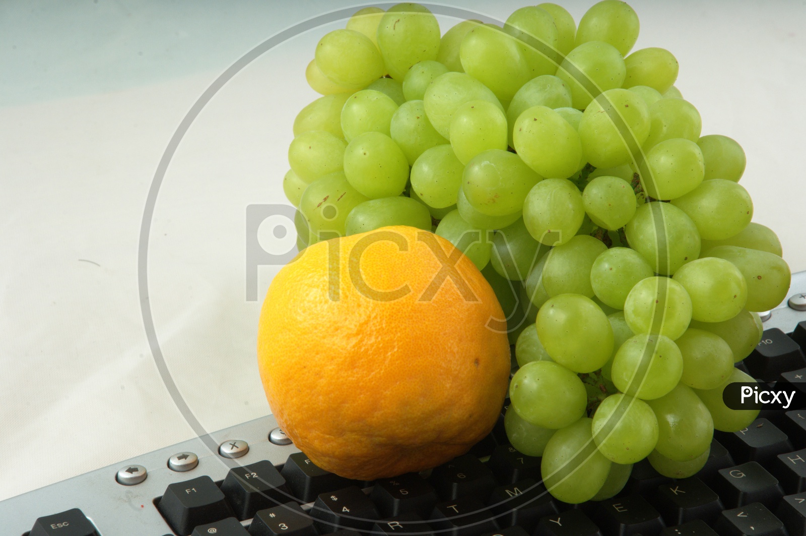 Photographs of oranges and grapes on a computer keyboard
