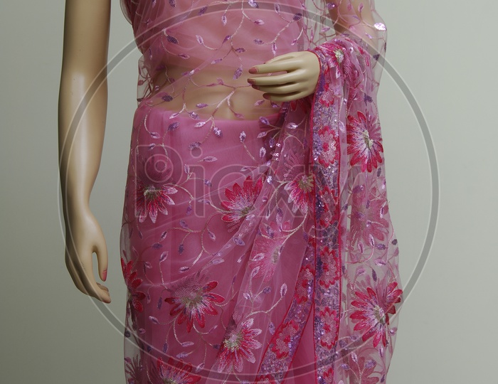 Close up shot of pink coloured saree