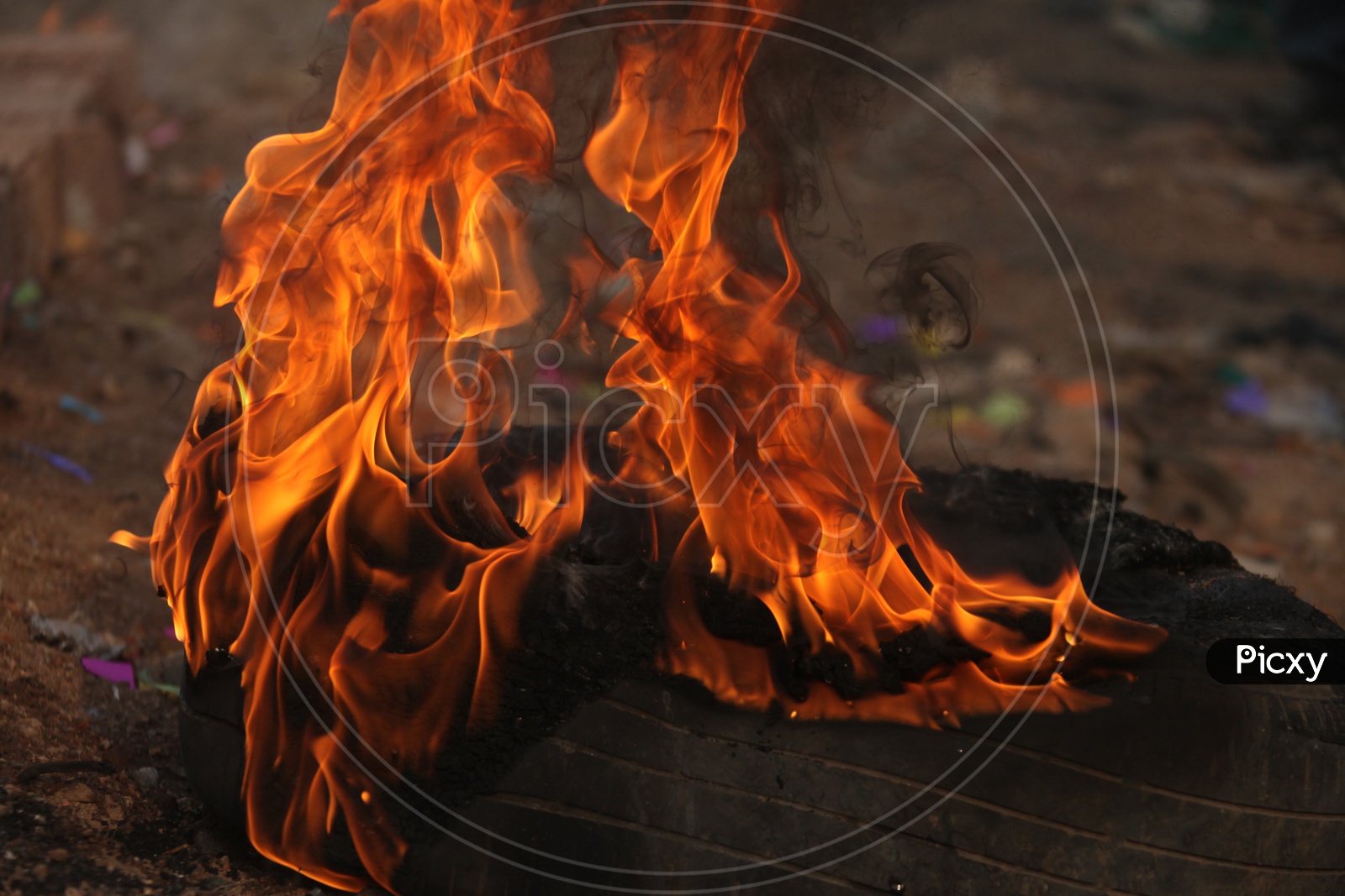 Photograph of  Fire flames from burning tyre