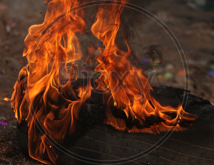 Photograph of  Fire flames from burning tyre