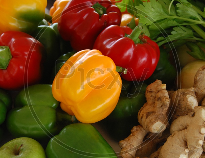 Fresh Fruits and vegetables on dining table