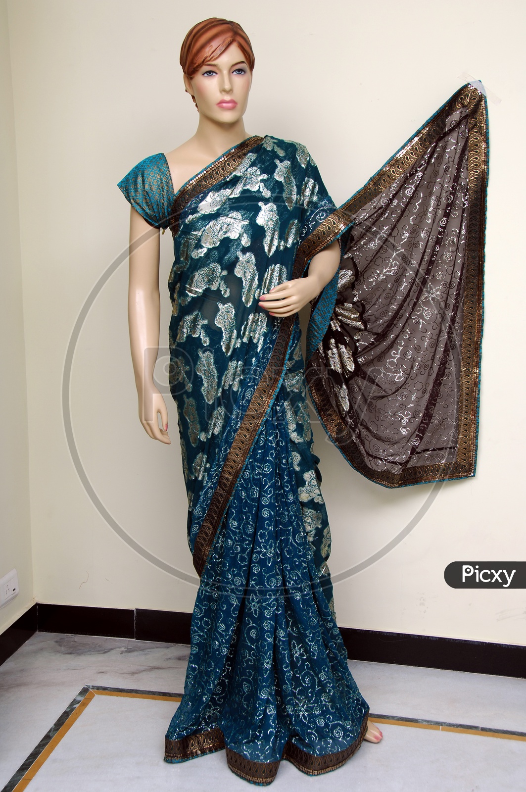 Photograph of blue colour saree