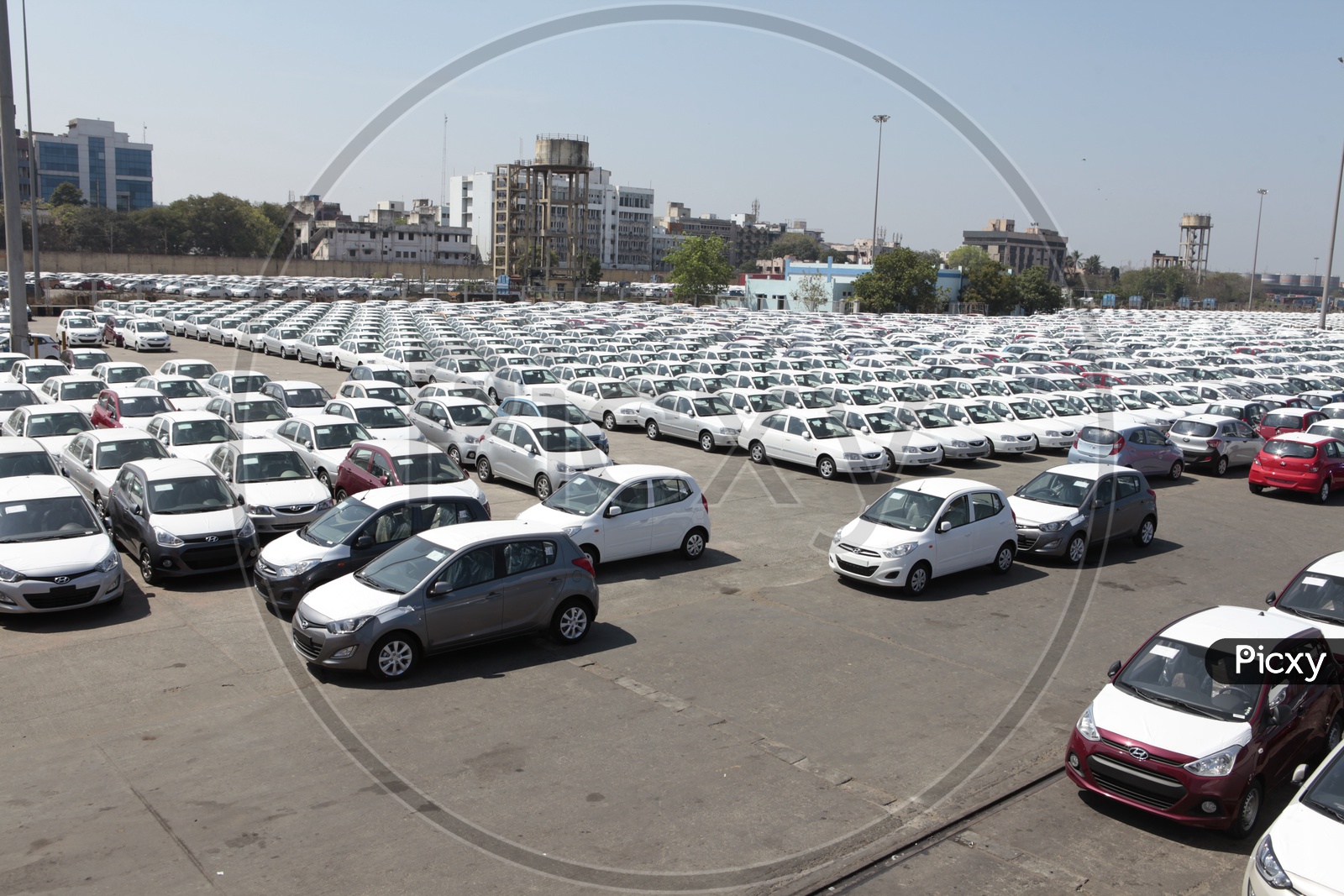 Hyundai brand new cars parked in line imported by the port area