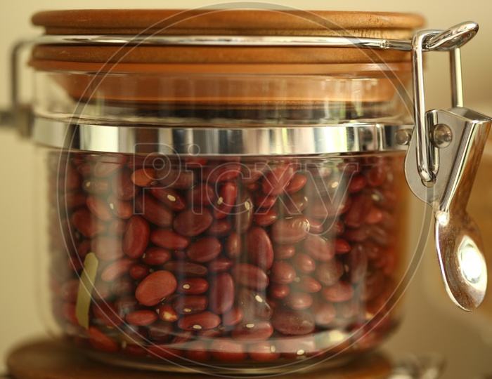 Red kidney beans in a glass container