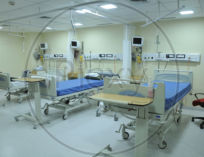 Hospital room with beds and medical devices