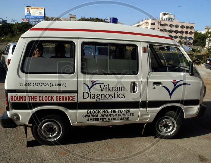 Vikram Diagnostics Ambulance outside the hospital