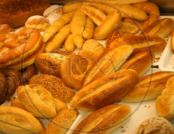 Brioches,baguette and other types of breads