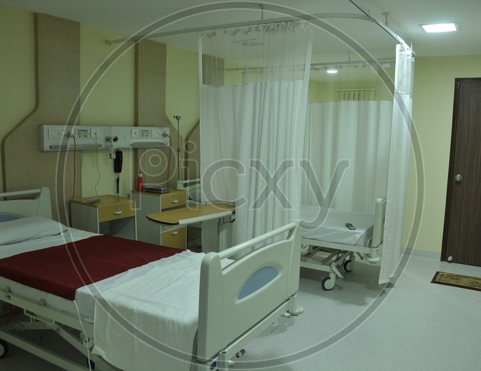 Hospital room with beds and medical devices