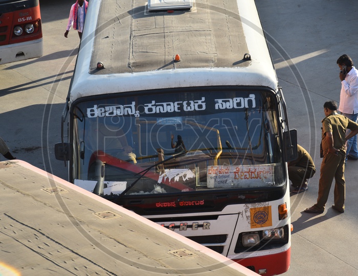 Close up of NEKRTC bus in Kempegowda bus station, Bangalore