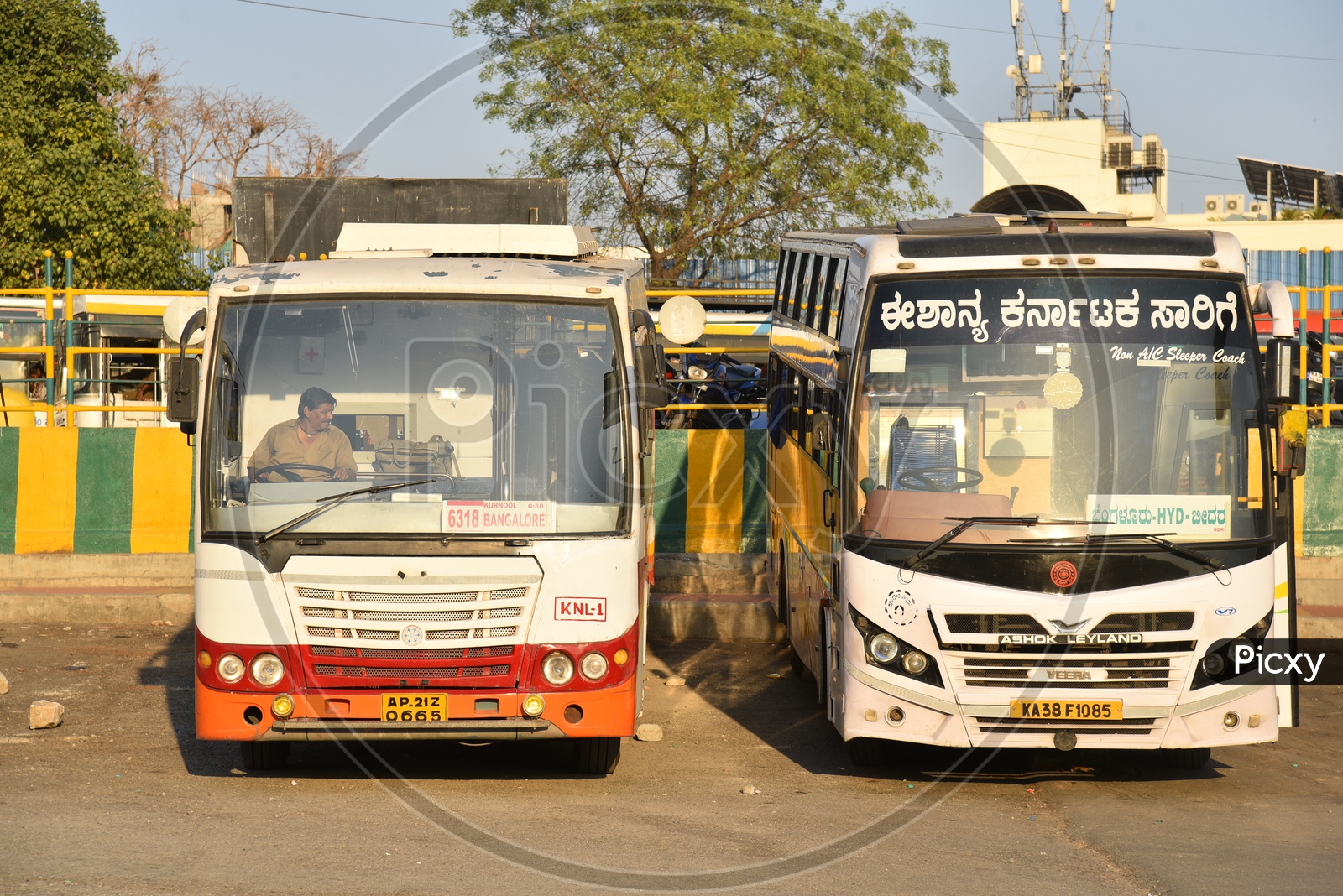 APSRTC and NEKRTC buses at Majestic bus station, Bangalore