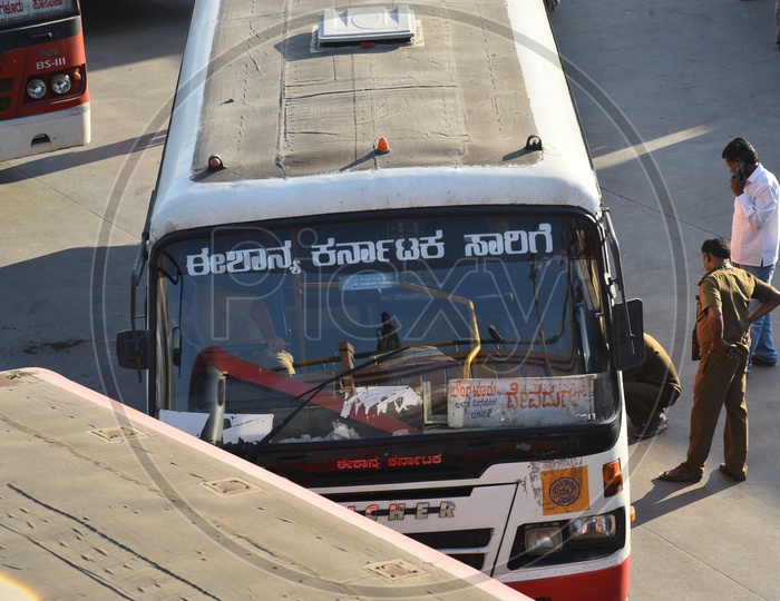 Close up shot of NEKRTC bus in Kempegowda bus station, Bangalore
