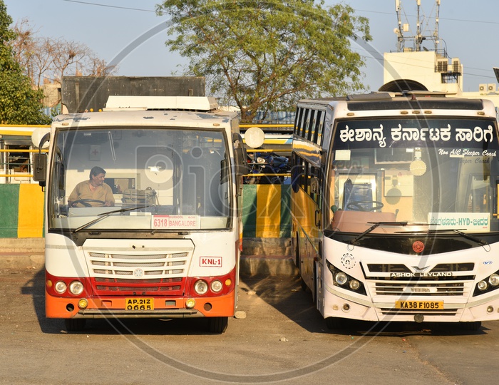 APSRTC and NEKRTC buses at Majestic bus station, Bangalore