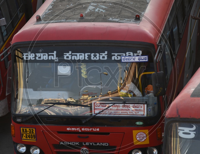 Close up shot of NEKRTC bus in Majestic bus station, Bangalore