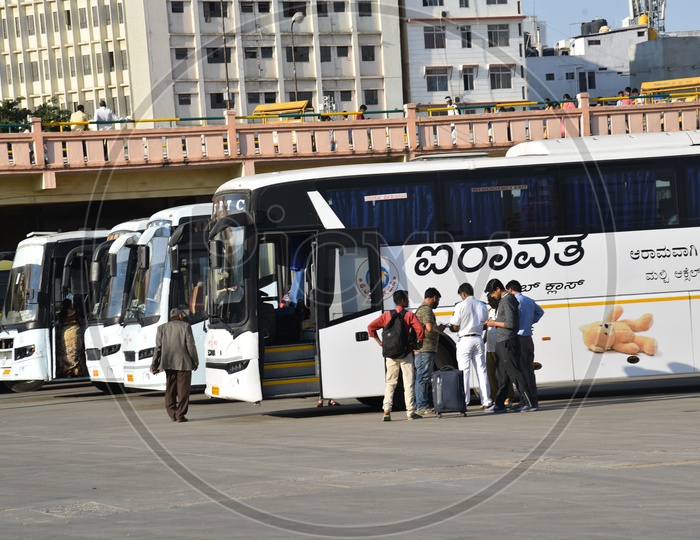 Airavat club class buses in Majestic bus station, Bangalore