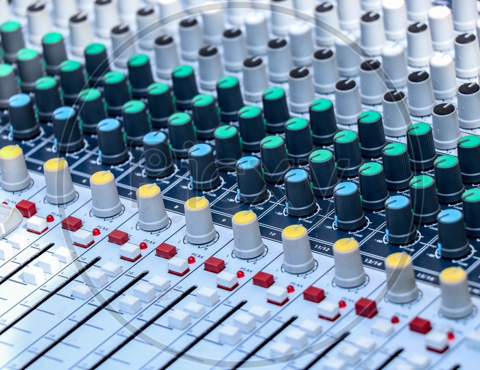 Sound Mixing Amplifier buttons closeup or Audio Analog Mixer Buttons