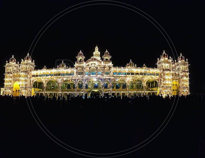 Mysore Palace Decorated With Led Lights On Night Time