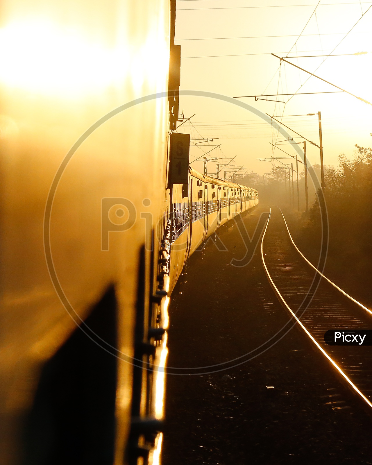 Moving Train  With Luminous Golden Sunlight On it With track and Electricity Poles