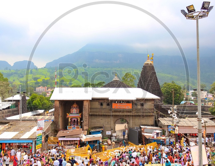 Aerial View Of Temple Shrine Of Triambakeshwar Temple With Western Ghats In Background
