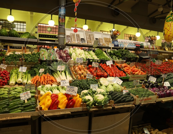 Vegetables in  Baskets In a Supermarket