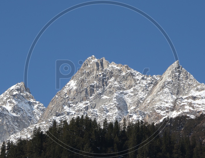Landscapes of Manali - Snow capped Mountains, houses & trees