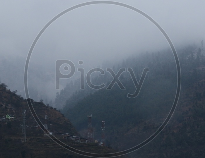 Landscapes of Manali - Snow capped Mountains, houses & trees