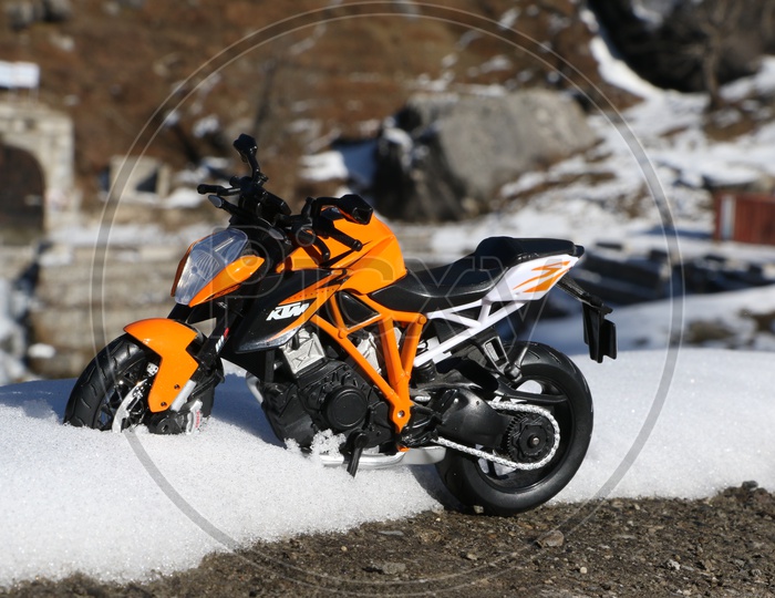 A sports bike toy in the snow
