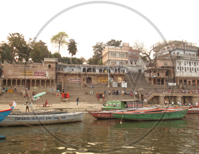 View of Varanasi Ghats with boats