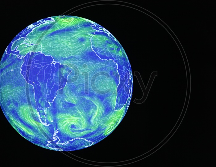 A graphical weather representation of the Earth globe in blue and green patterns