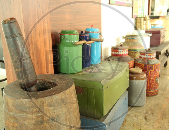 Vintage traditional milk cans , trunks