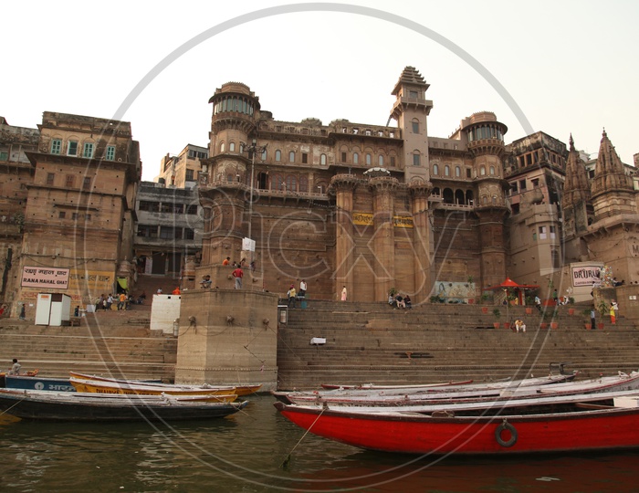 Varanasi Ghats with boats and visitors