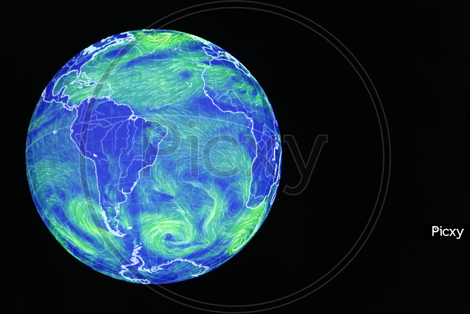 A graphical weather representation of the Earth globe in blue and green patterns