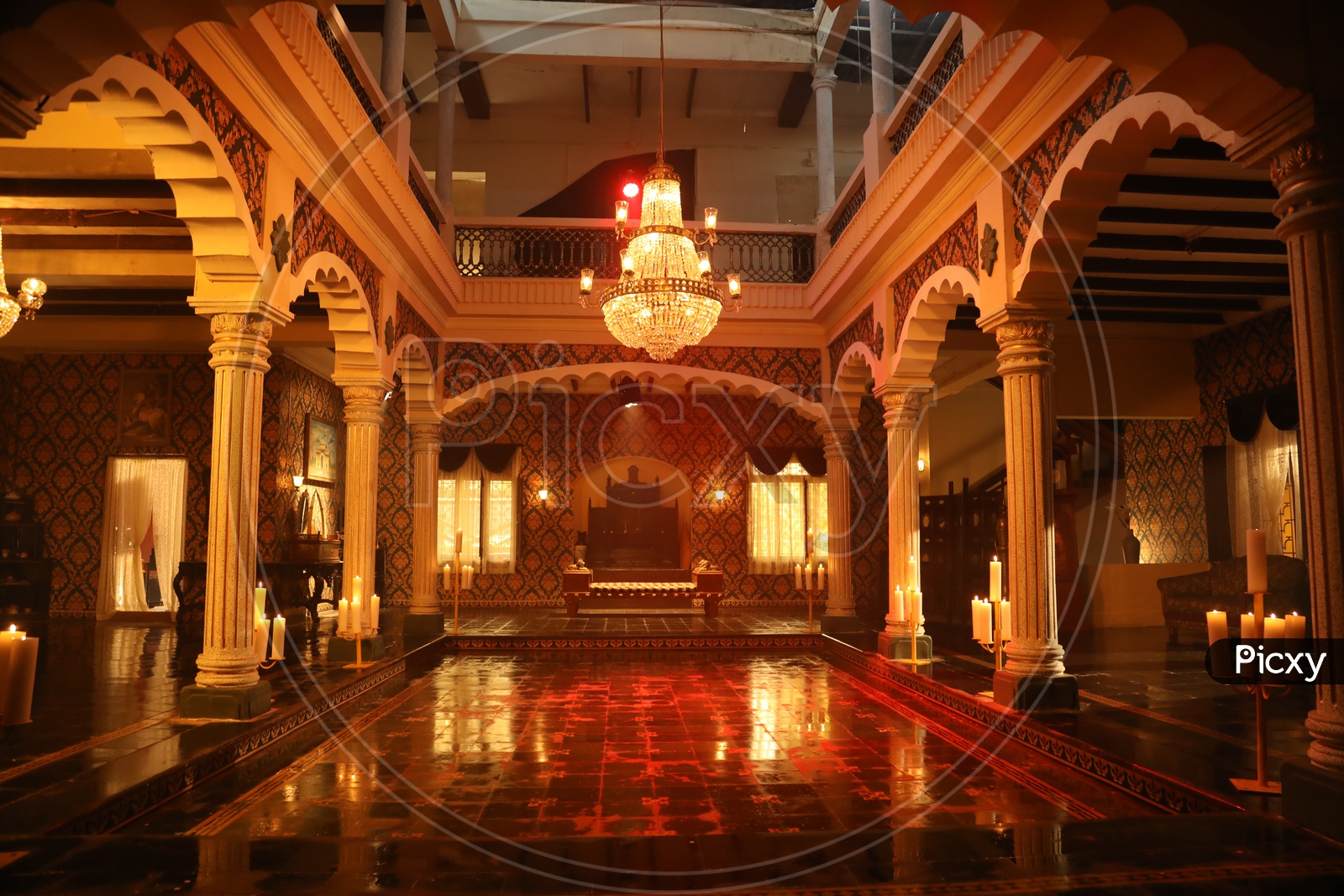Royal Indian court set up with a Throne and chandelier