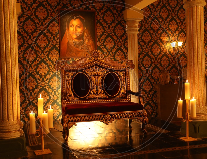 Royal Indian court set up with a Throne and candles