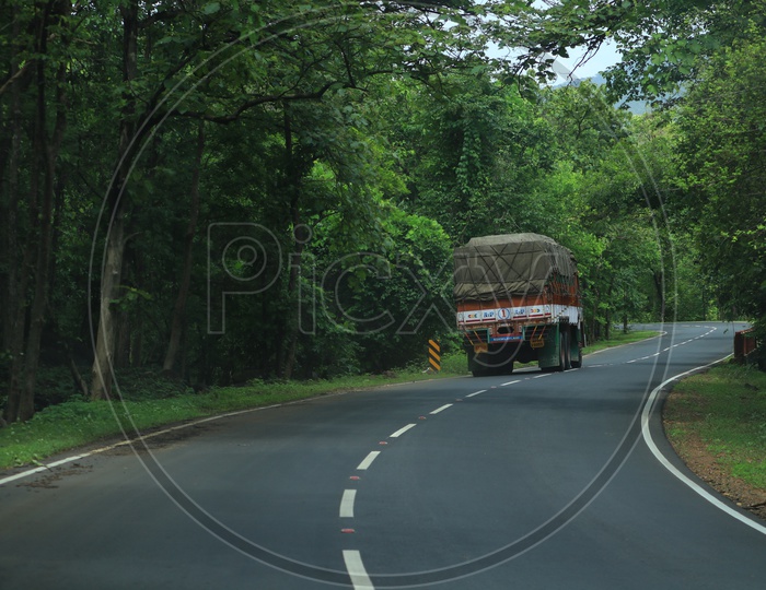 A truck on a road with green trees on either side