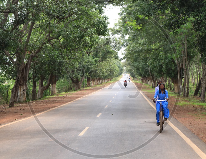 A school girl riding a bicycle on the road with trees on either side