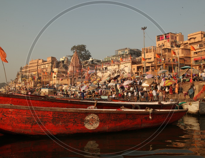 View of Varanasi Ghats with boats and people