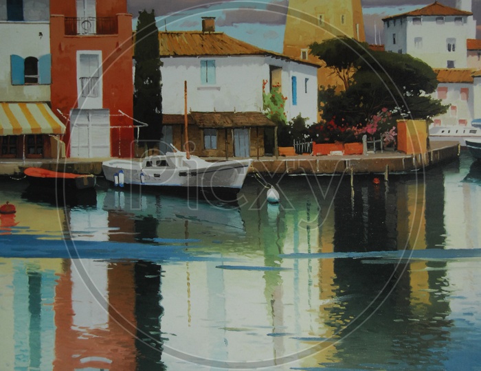 Painting of boats at a shore near the buildings