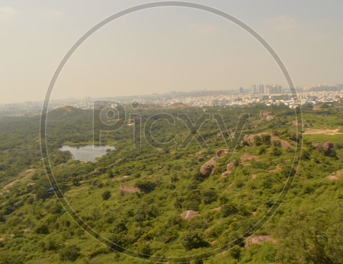 View of trees and the city of Hyderabad from Golconda
