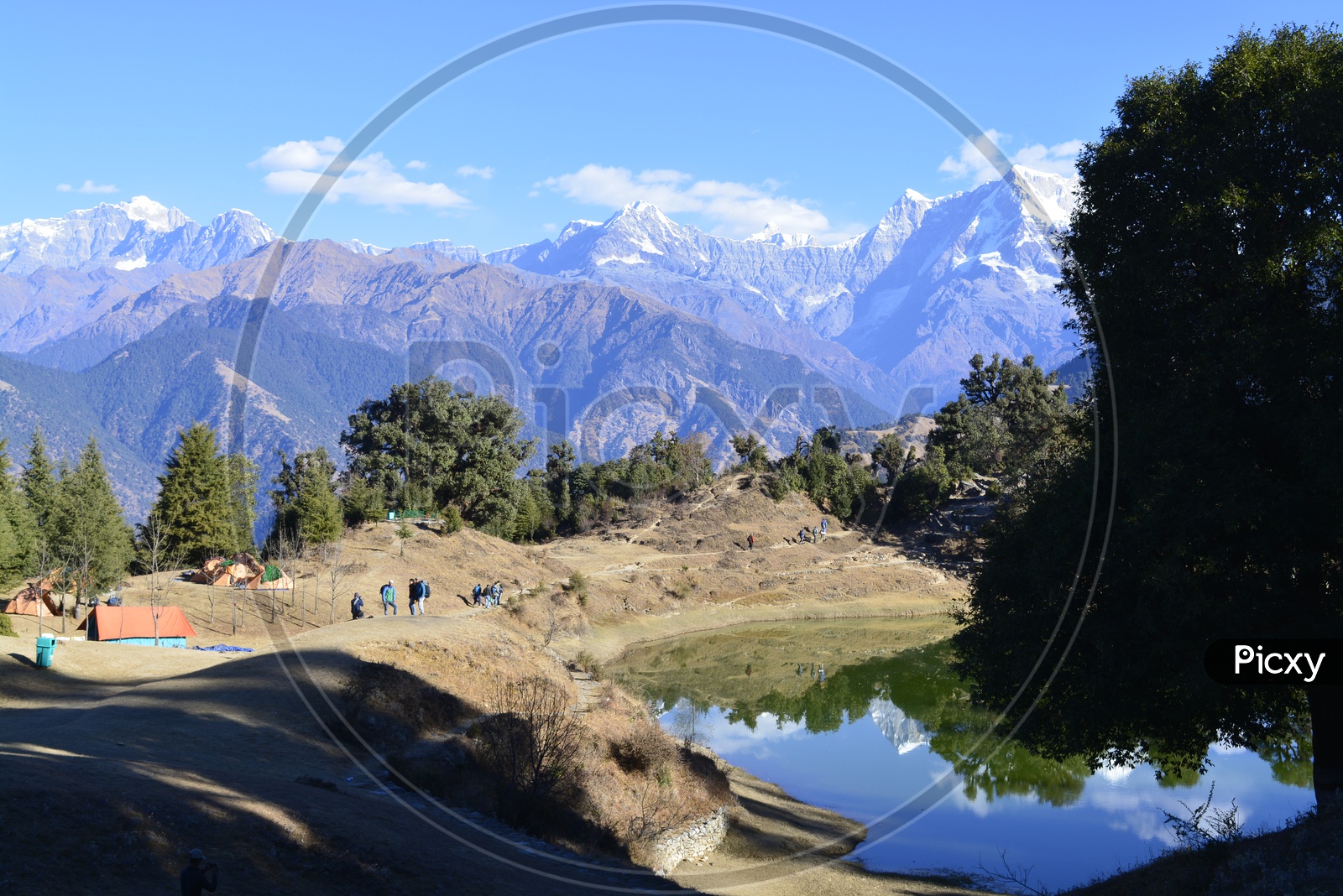 snow-capped mountains of Chopta with lake in the foreground
