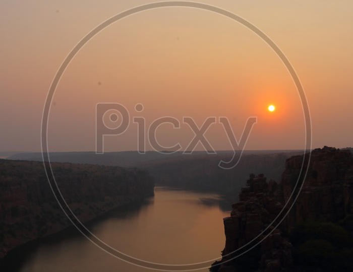 Penna river at Gandikota with a rising Sun in the background
