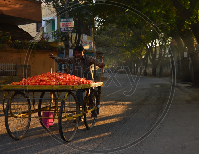 A tomato vendor carrying his cart on a road