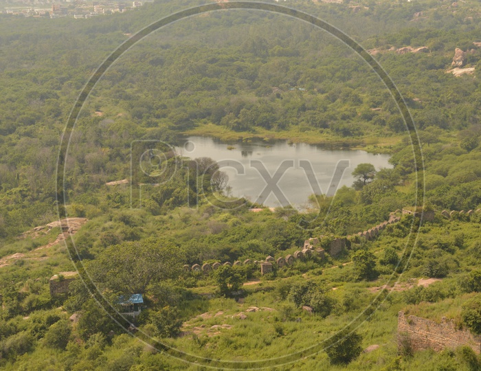 Aerial View Of a Water Pond Near Golconda Fort