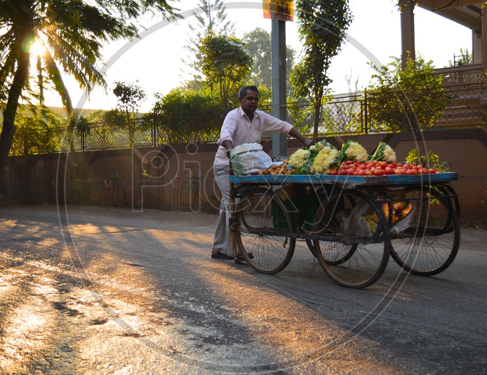 A vegetable vendor carrying his cart on a road