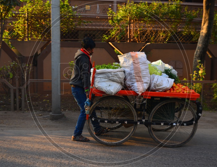 A vegetable vendor carrying his cart on road