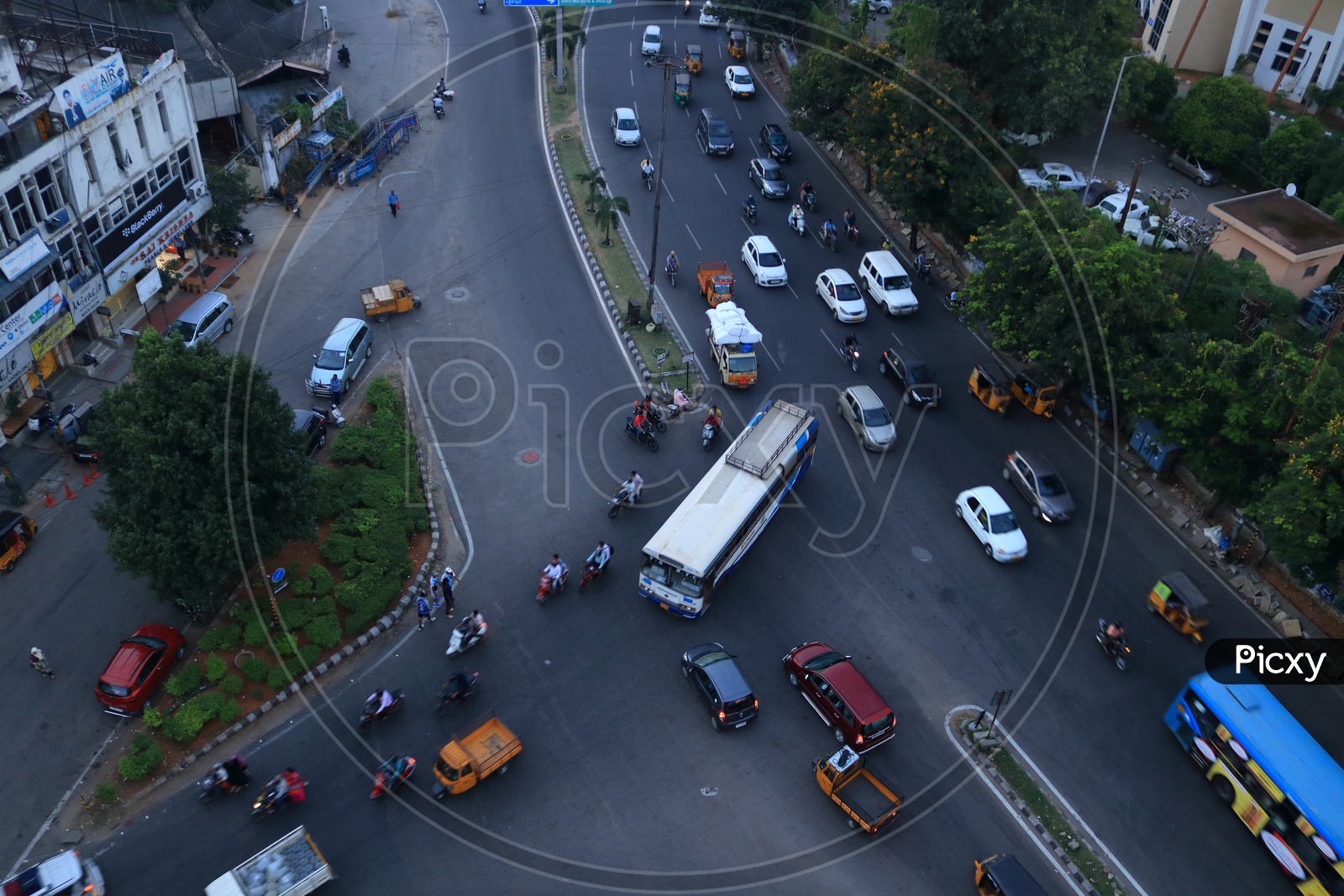 Aerial View Of Traffic Signal Y Junction With Vehicles On Road