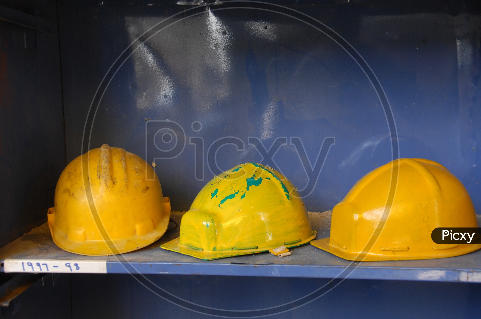 Safety helmets in a rack