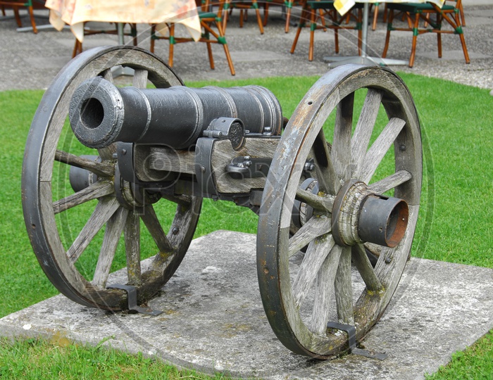 Wooden cannon on the lawn